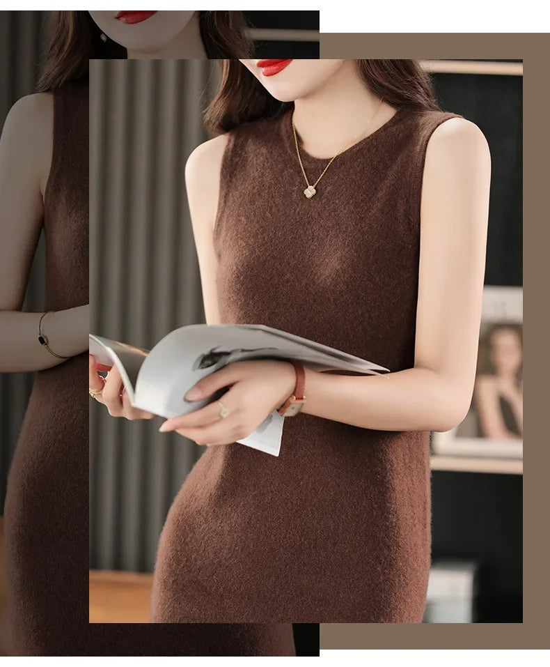 Collage of a woman in a Café Noir wool dress reading a journal in two front-facing poses. From Borcelleclothes.