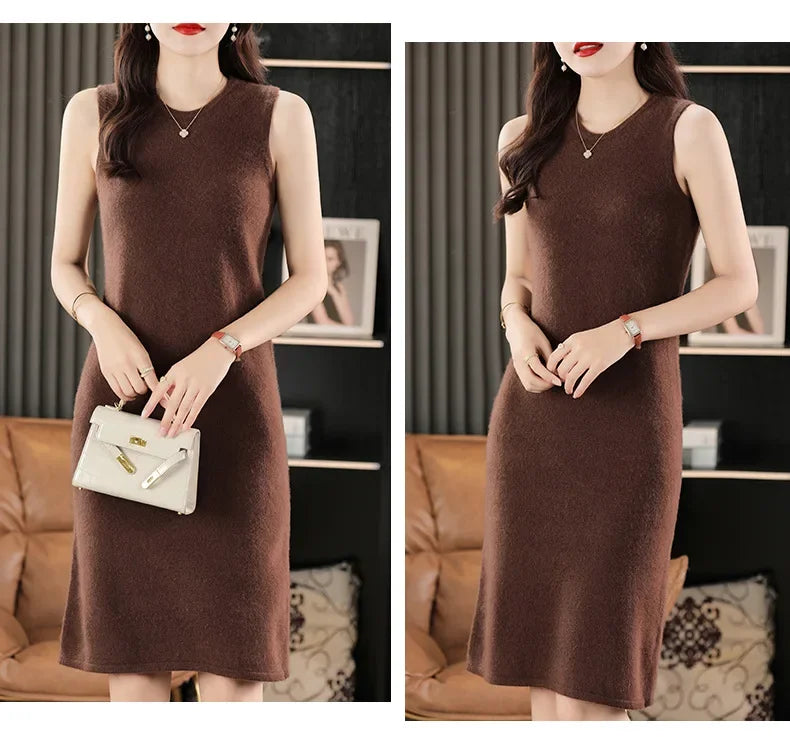 Collage of a woman in a Café Noir wool dress holding a bag and touching fingers. From Borcelleclothes.