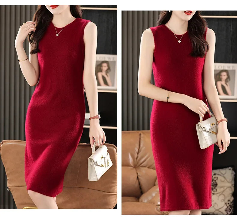 Collage of a woman in a Claret wool dress touching her hair and holding a bag. From Borcelleclothes.