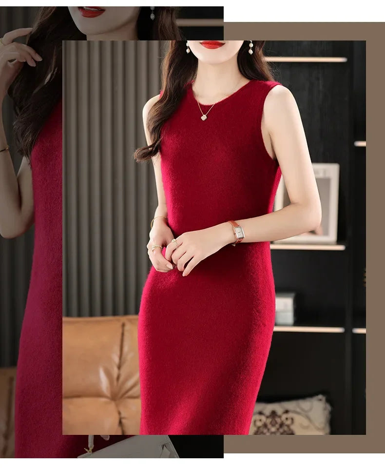 Collage of a woman in a Claret wool dress, one frame touching her hair, the other her fingers. From Borcelleclothes.