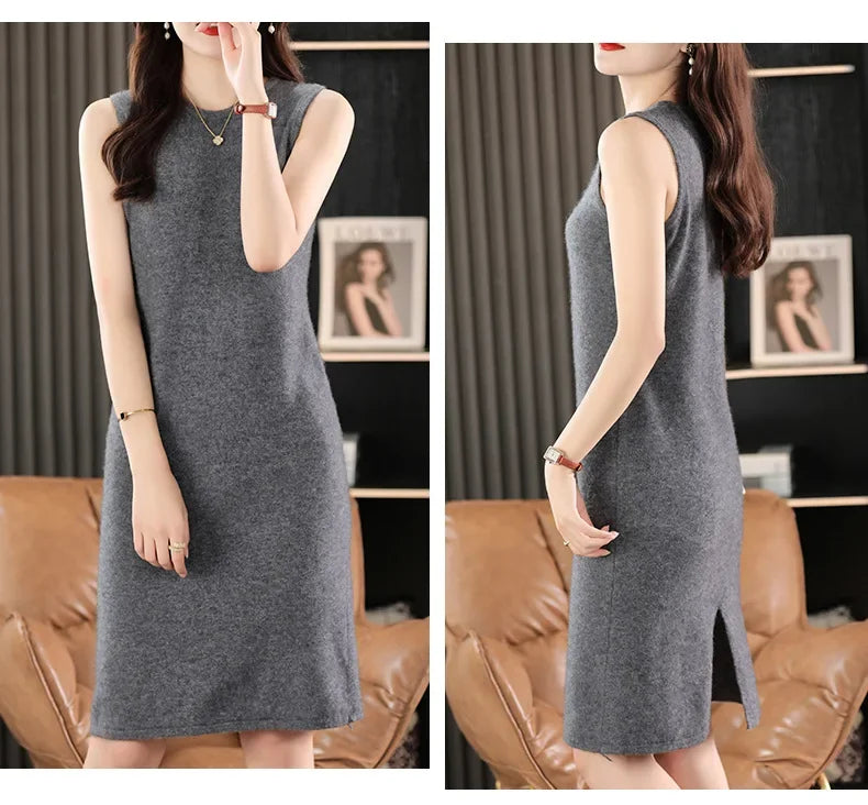 Collage of a woman in a Monsoon wool dress in front and side views. From Borcelleclothes.