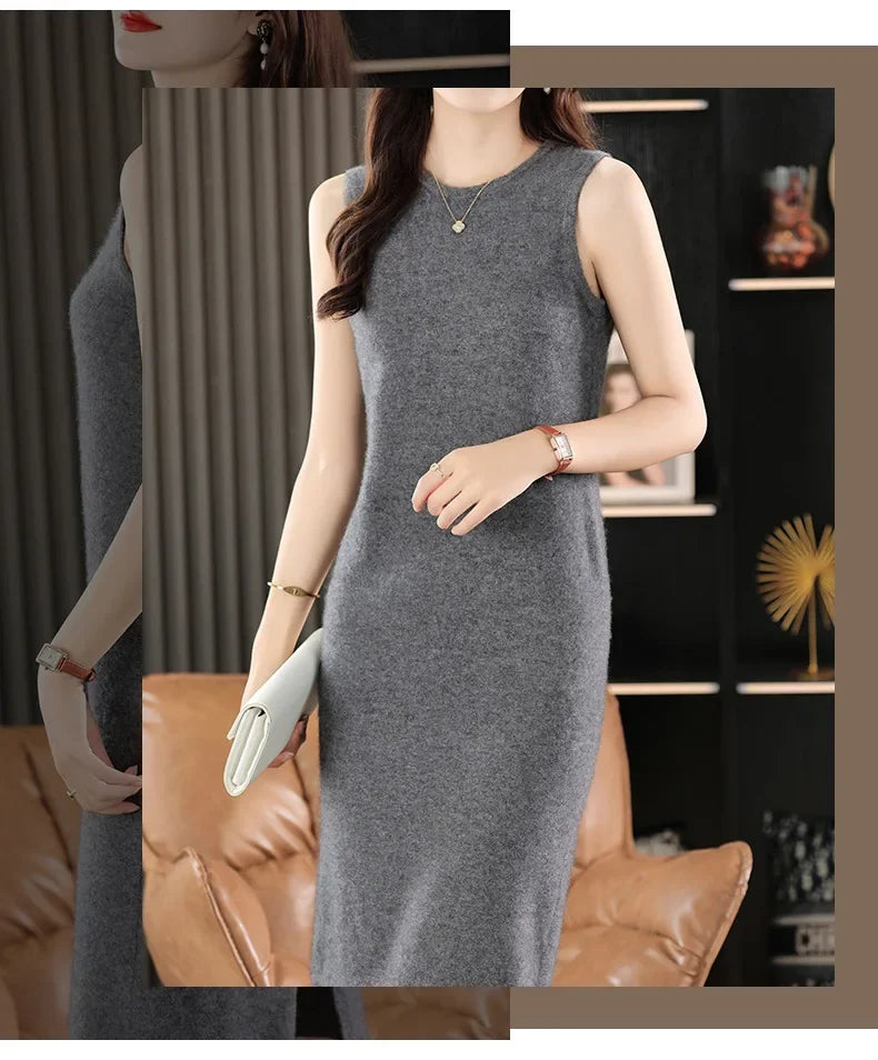 Collage of a woman in a Monsoon wool dress with side poses and one bent arm. From Borcelleclothes.