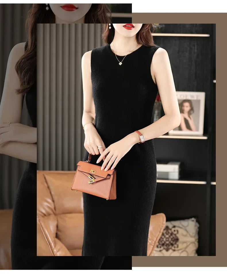 Collage of a woman in a Onyx wool dress crossing her arms and holding a bag. From Borcelleclothes.