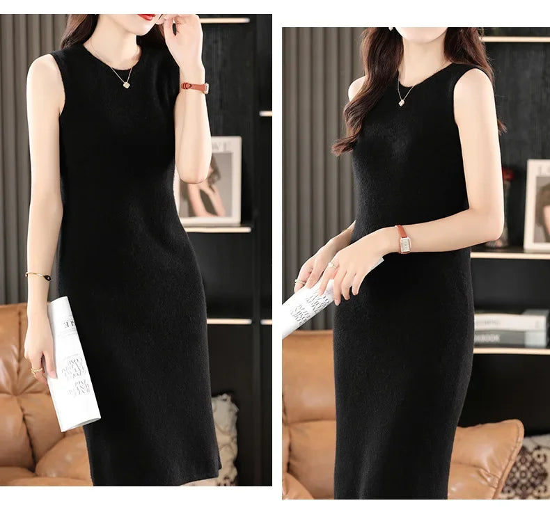 Collage of a woman in a Onyx wool dress touching her cheek and holding a journal. From Borcelleclothes.