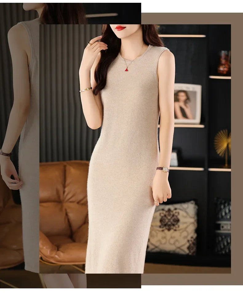 Collage of a woman in a Vanilla wool dress viewed from the back while touching her hair. From Borcelleclothes.