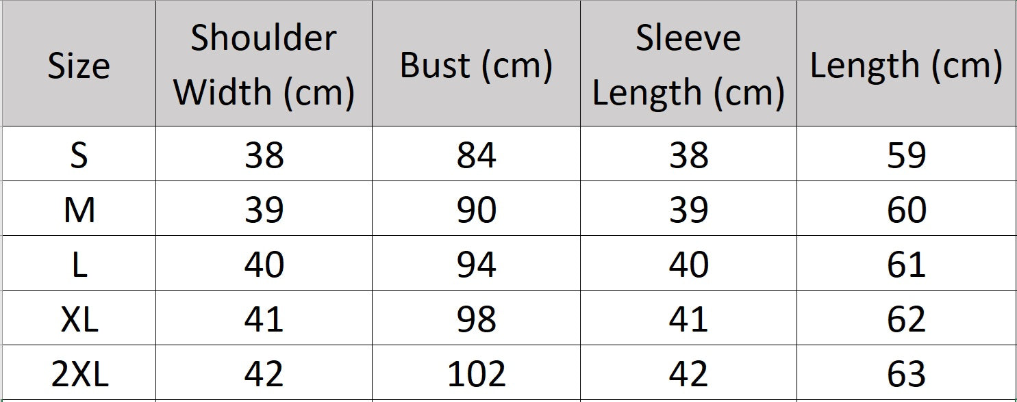 Women’s size chart for a collarless Mulberry silk jacket — a structured yet fluid silhouette with architectural front panels and an open neckline that invites styling freedom. From Borcelleclothes.