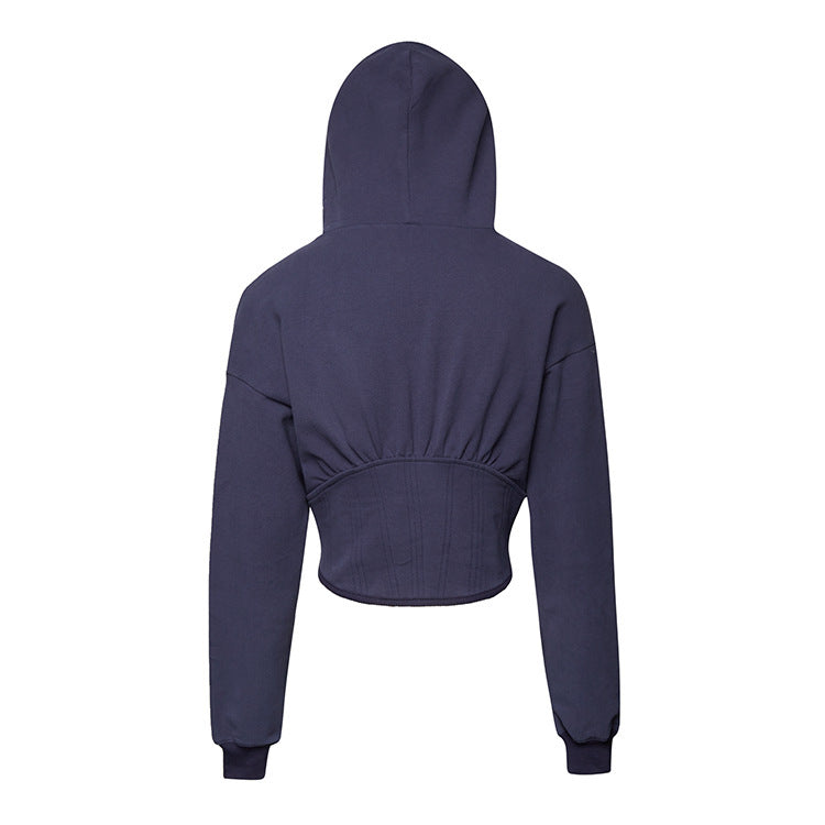 The back of the Women's Contemporary Hooded Corset in Comet color, featuring a classic hood, long sleeves with elastic cuffs, and a structured corset bottom with ribbed bias. Made from premium cotton for a comfortable and stylish look, perfect for modern wardrobes. From Borcelleclothes.