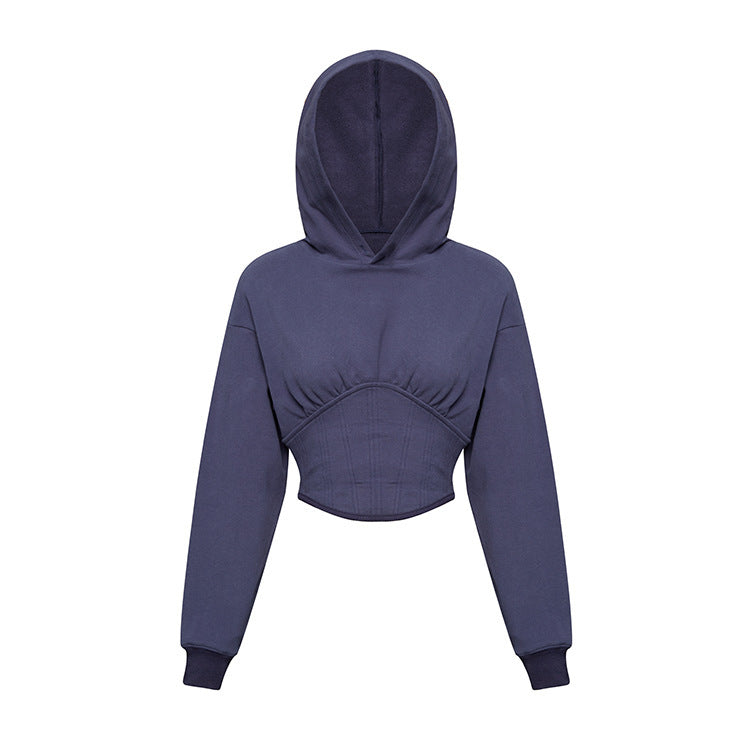 The front of the Women's Contemporary Hooded Corset in Comet color, featuring a classic hood, long sleeves with elastic cuffs, and a structured corset bottom with ribbed bias. Made from premium cotton for a comfortable and stylish look, perfect for modern wardrobes. From Borcelleclothes.