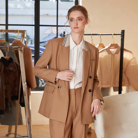 Women's contrast-collar wool blazer in French Beige, with rhinestone-trimmed lapels, double-breasted tailoring, and formal structure reimagined with feminine balance — From Borcelleclothes.