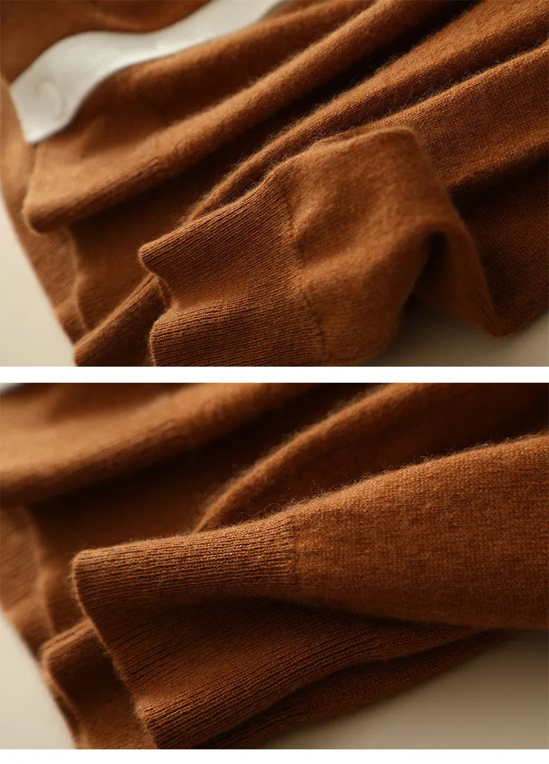 Cuff and hem details of the Fox-color cardigan with light contrast trim and ribbed finish. — From Borcelleclothes.