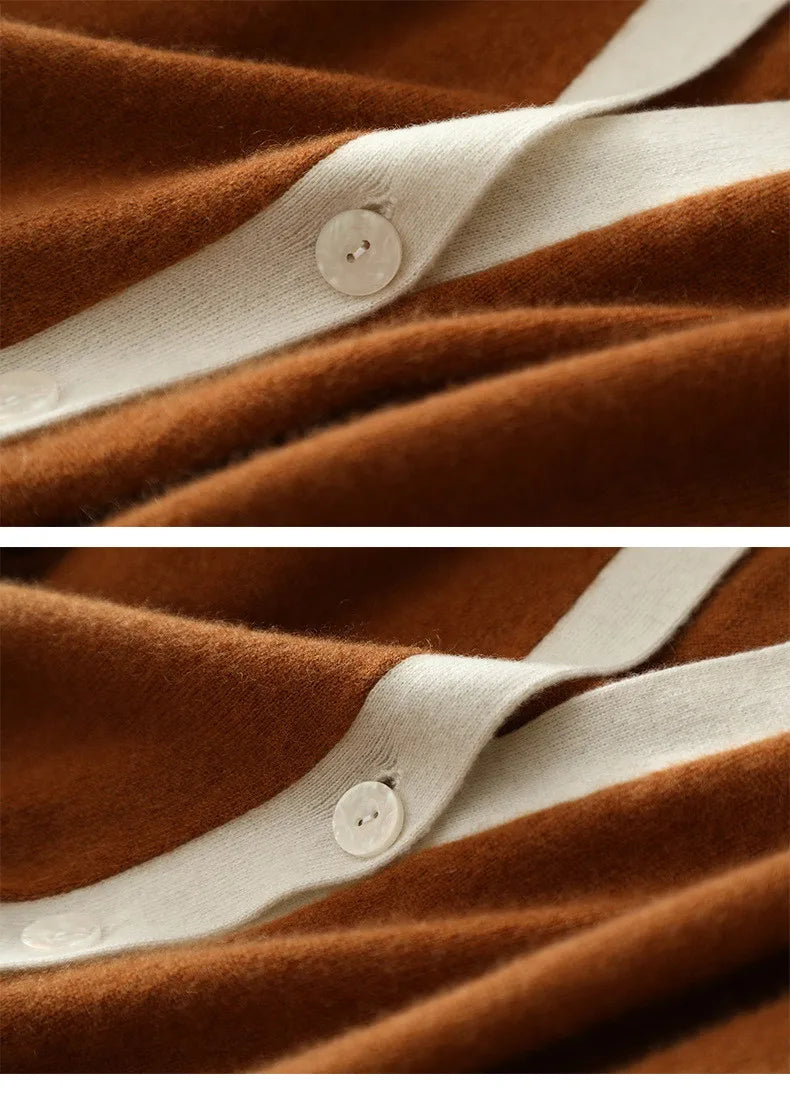 Fox-color version with close-ups of V-necklines with different trim draping, showing texture and tone. — From Borcelleclothes.