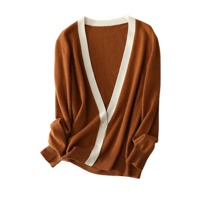 Women’s contrast-trim cashmere cardigan with deep V-neckline and relaxed silhouette — shown in Fox-color — From Borcelleclothes.
