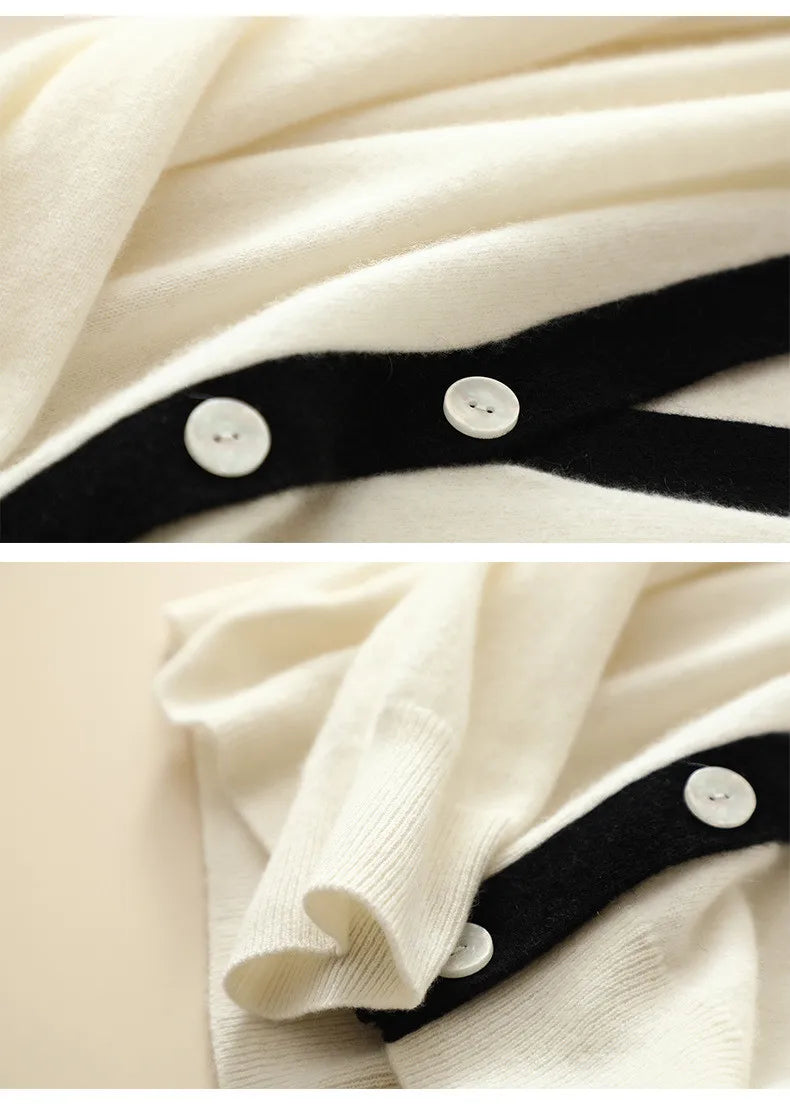 Detailed view of mid and lower sections of the Pearl Bush cardigan — contrast placket, buttons, and ribbed hem. — From Borcelleclothes.