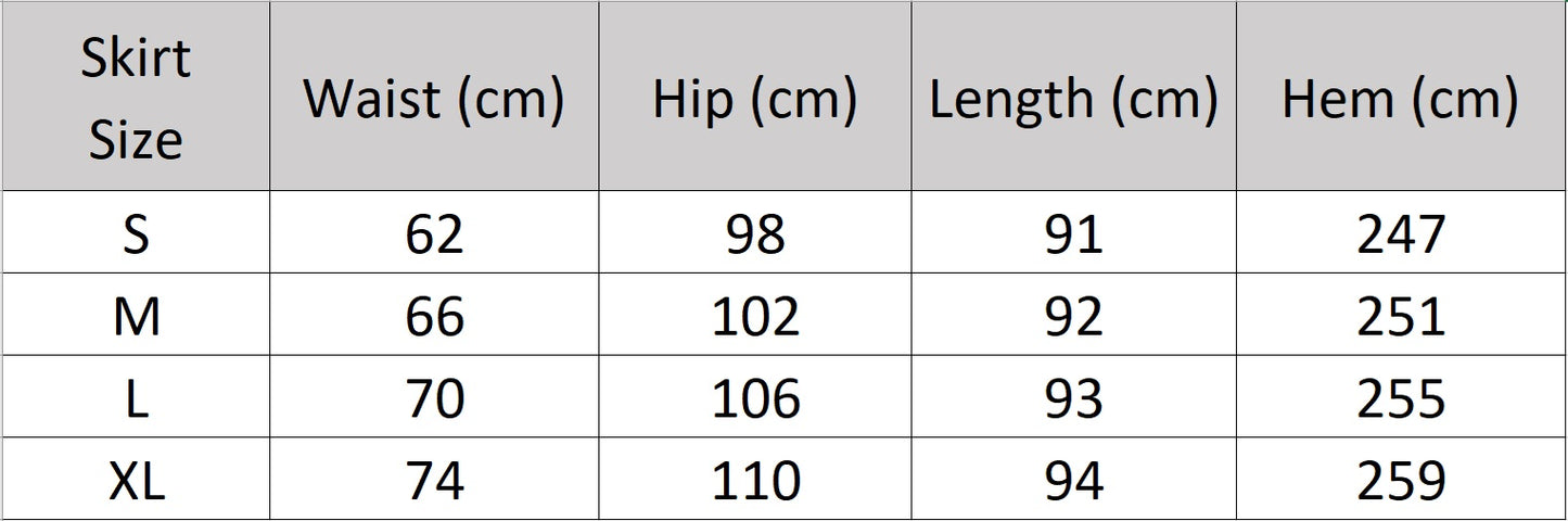 Women’s size chart for a skirt of the two-piece set in Coral Reef color featuring a sleeveless crinkled top with a gathered hem and a flowing calf-length skirt with a quilted waistband. From Borcelleclothes.