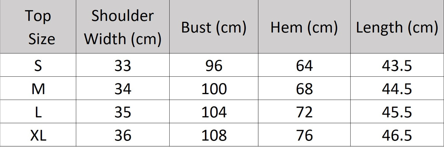 Women’s size chart for a top of the two-piece set in Coral Reef color featuring a sleeveless crinkled top with a gathered hem and a flowing calf-length skirt with a quilted waistband. From Borcelleclothes.
