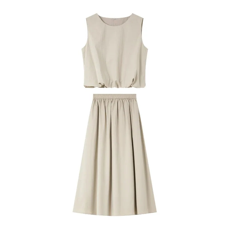 Full front view of the Coral Reef set — sleeveless crinkled top paired with a long, gathered skirt in a muted, natural tone From Borcelleclothes.