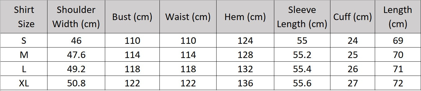 Women's Size chart for the crinkled Shadow shirt with measurements. From Borcelleclothes.