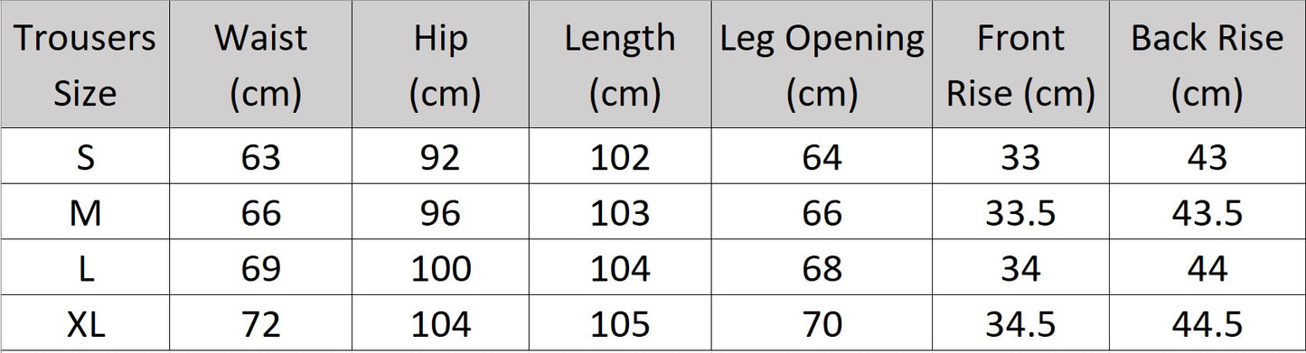 Women's Size chart for the crinkled Shadow trousers with measurement details. From Borcelleclothes.