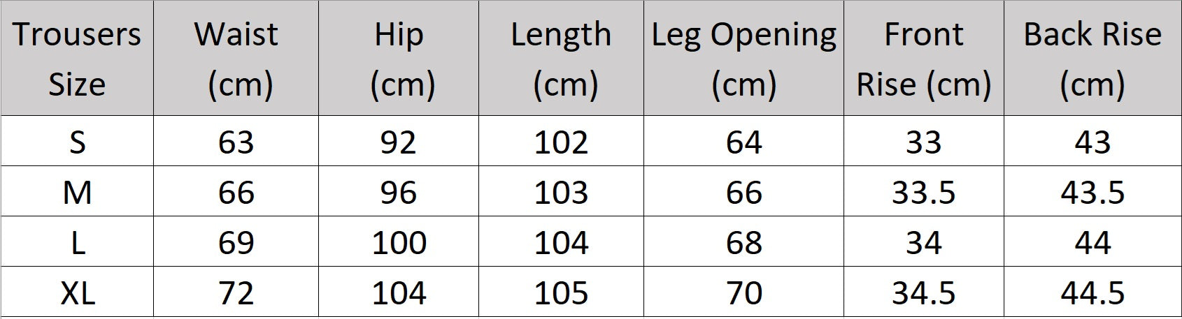 Women's Size chart for the crinkled Shadow trousers with measurement details. From Borcelleclothes.