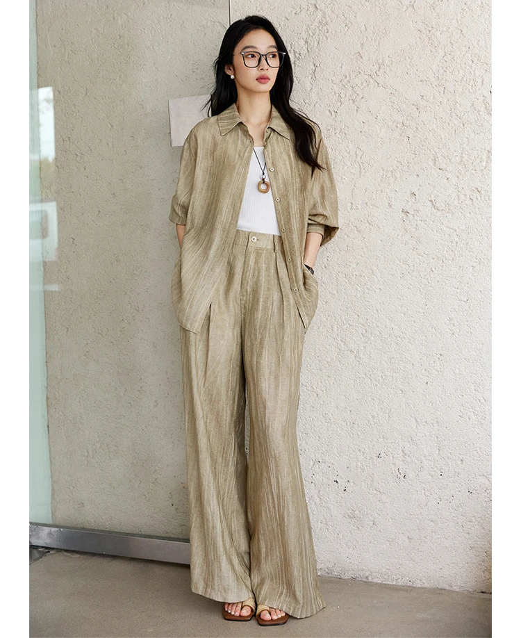 Women's two-piece crinkled set in Shadow — relaxed silhouette with dropped shoulders and soft texture, ideal for warm urban days. From Borcelleclothes.