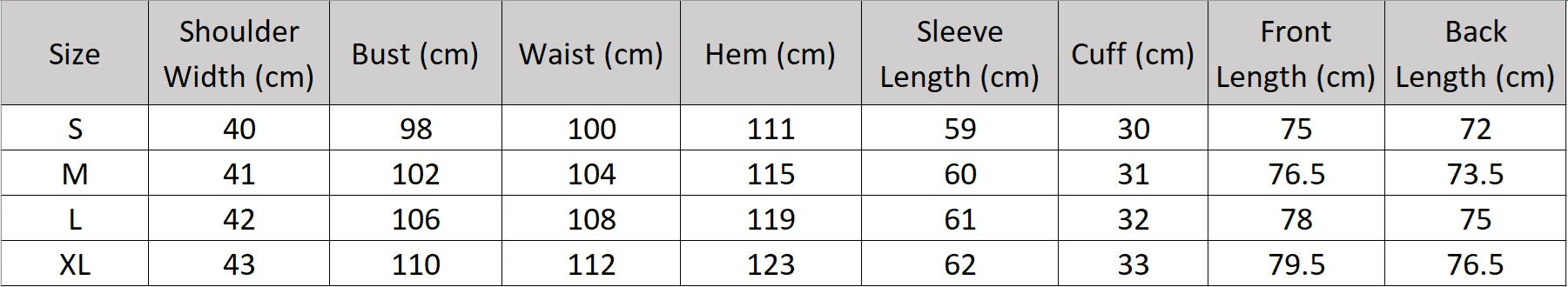 Women’s size chart for a crinkled viscose blazer with deep textured folds, notch lapels, flap pockets, sculptural triangular button, and belt threaded through side openings. From Borcelleclothes.