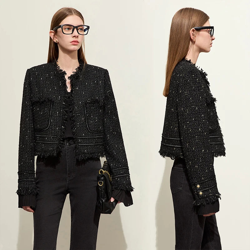 Model wearing Onyx cropped tweed jacket with sheer cuffs, front and side collage – From Borcelleclothes.