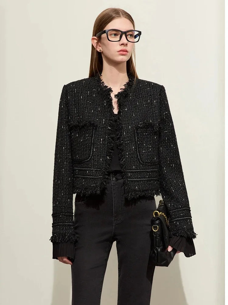 Women’s cropped tweed jacket in Onyx, with fringed edges, gold lurex threads, patch pockets, and detachable sheer pleated cuffs – From Borcelleclothes.