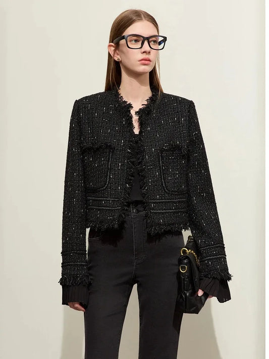 Women’s cropped tweed jacket in Onyx, with fringed edges, gold lurex threads, patch pockets, and detachable sheer pleated cuffs – From Borcelleclothes.