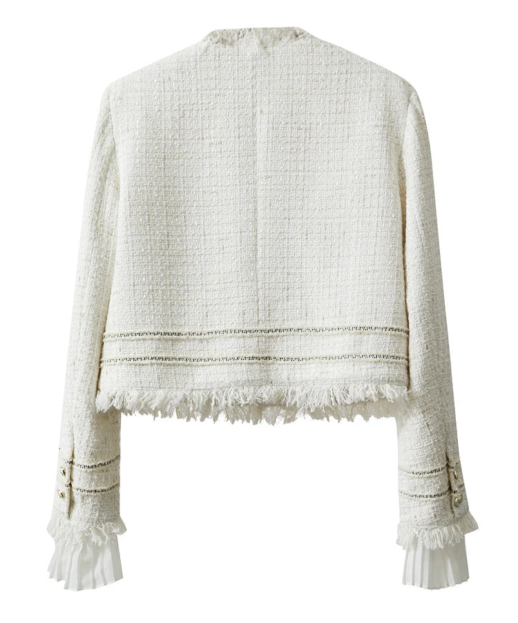 Platinum cropped tweed jacket with sheer cuffs, back view – From Borcelleclothes.