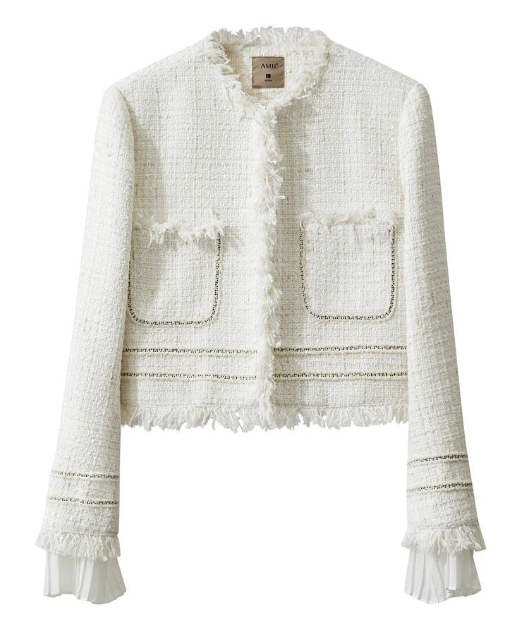 Platinum cropped tweed jacket with sheer cuffs, front view – From Borcelleclothes.