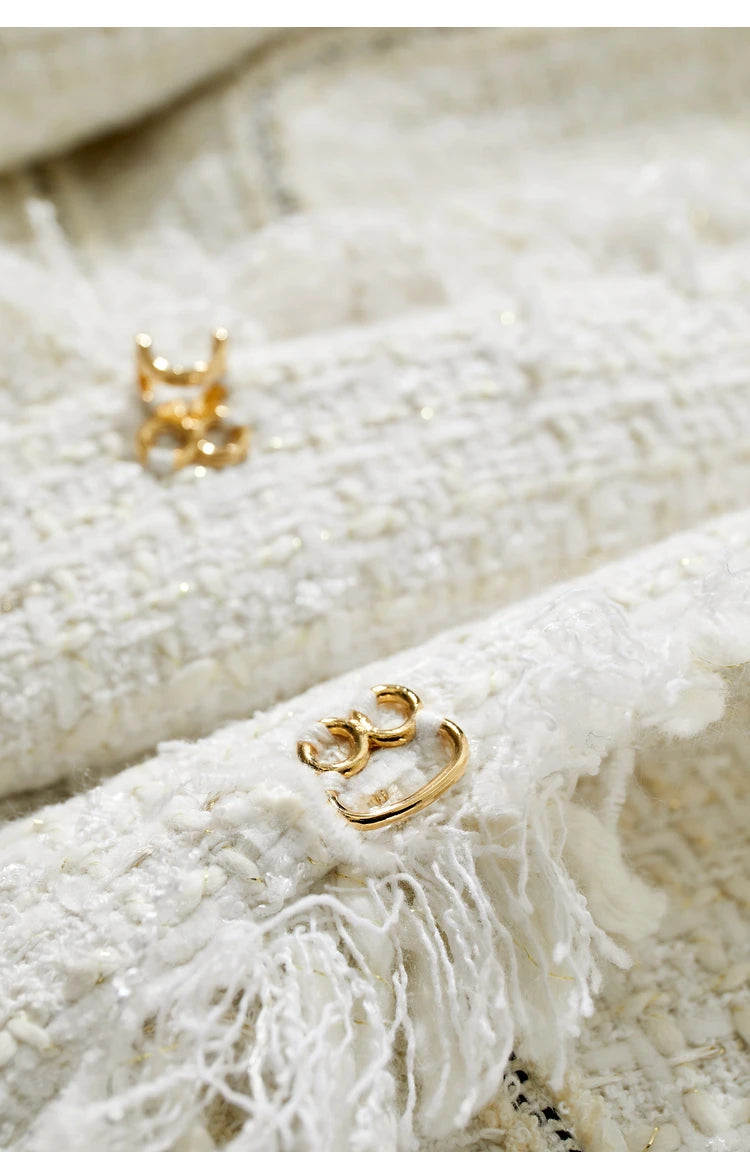 Platinum cropped tweed jacket with sheer cuffs, hidden hook closure – From Borcelleclothes.