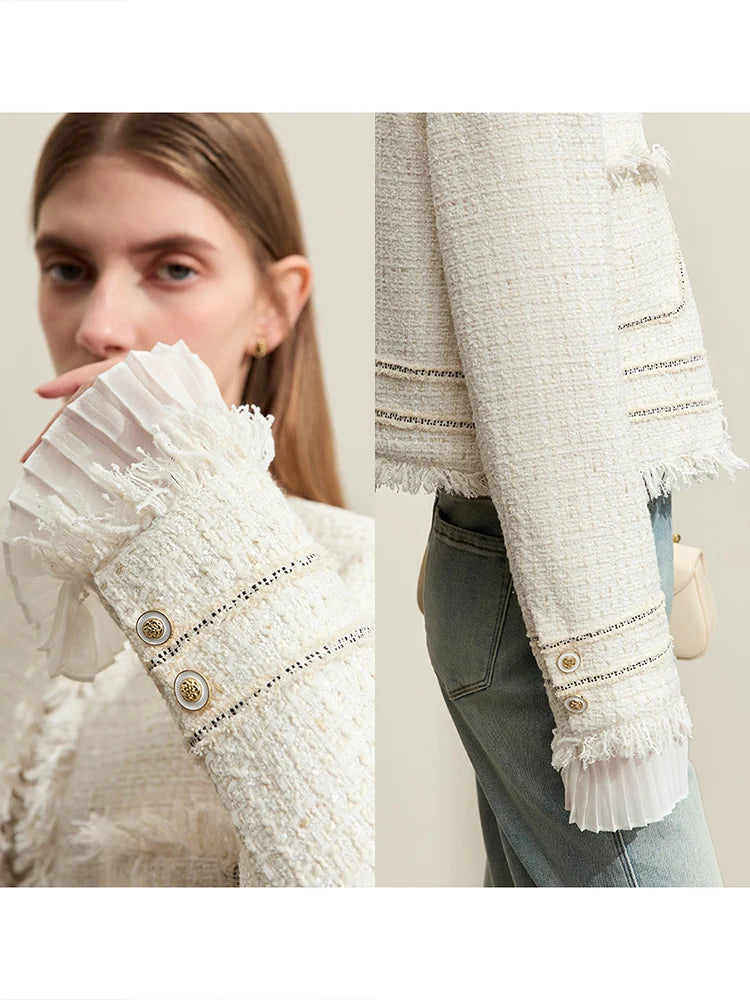 Model wearing Platinum cropped tweed jacket with sheer cuffs, collage showing cuff and side – From Borcelleclothes.