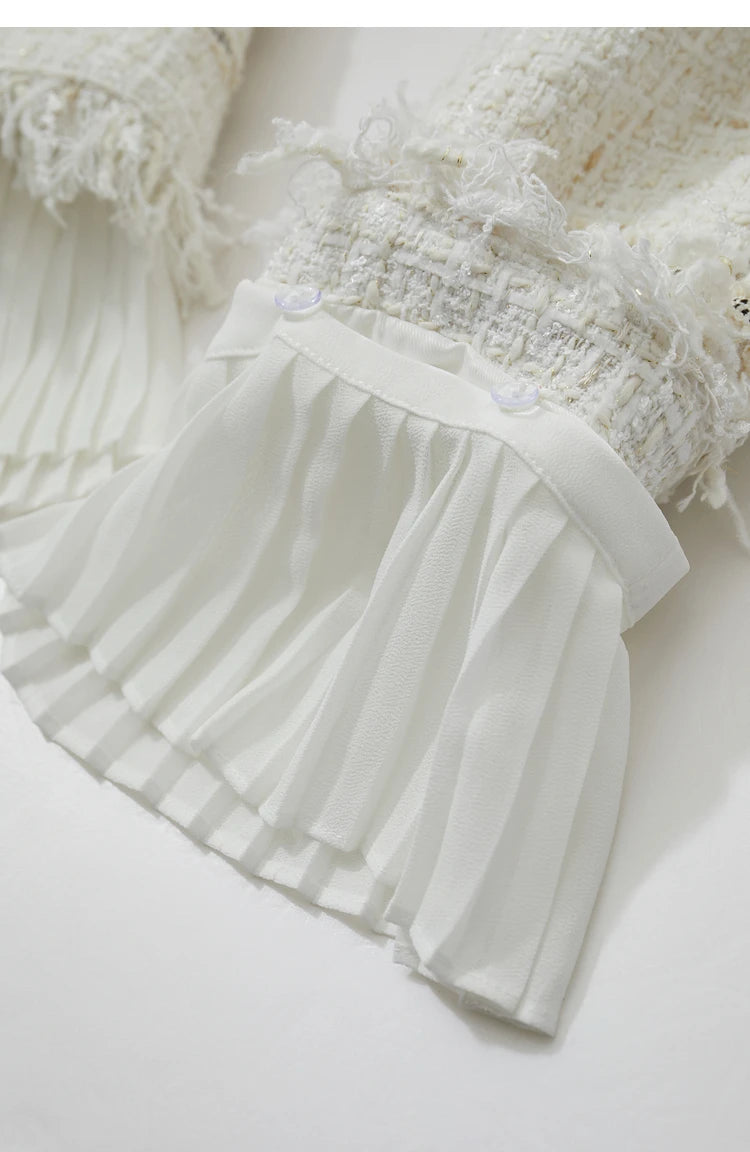 Platinum cropped tweed jacket with sheer cuffs, unfolded sleeve with pleated cuff – From Borcelleclothes.