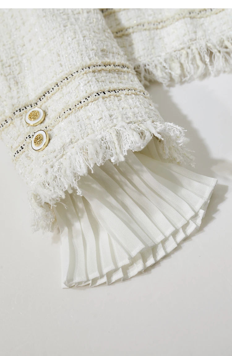 Platinum cropped tweed jacket with sheer cuffs, pleated cuff close-up – From Borcelleclothes.