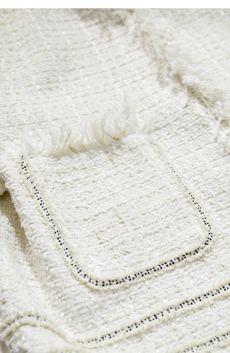 Platinum cropped tweed jacket with sheer cuffs, pocket close-up – From Borcelleclothes.