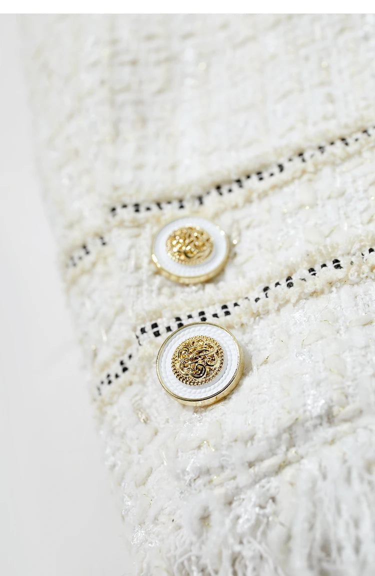 Platinum cropped tweed jacket with sheer cuffs, sleeve cuff buttons detail – From Borcelleclothes.