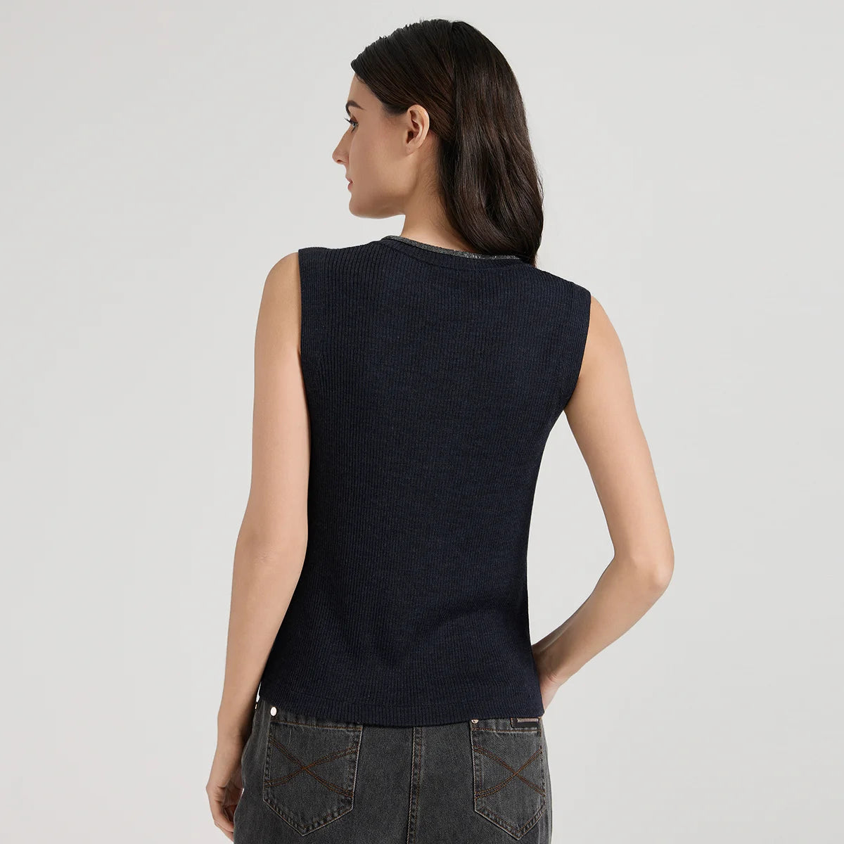 Back view of Black Pearl ribbed top with deep curved V-back and wide rib texture. From Borcelleclothes.