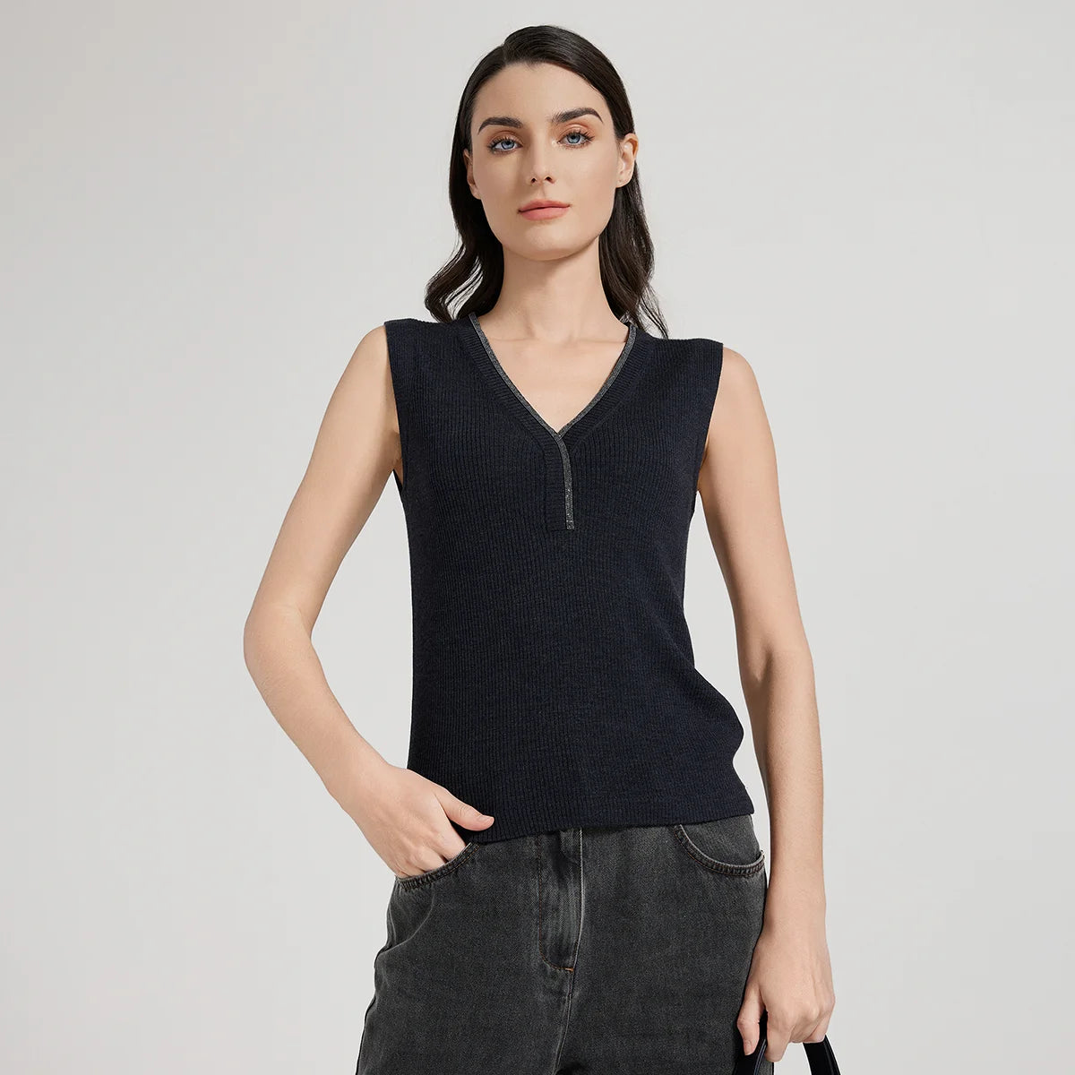Women's ribbed sleeveless top in Black Pearl shade with a curved V-neckline, rhinestone fringe, and gently rounded armhole inserts. From Borcelleclothes.