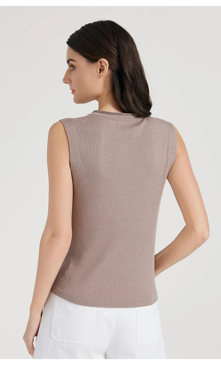 Back view of Martini ribbed top with deep curved V neckline and soft armhole structure. From Borcelleclothes.