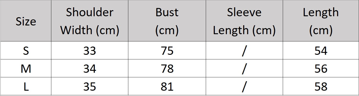 Women's size chart for a ribbed sleeveless top with a curved V-neckline, rhinestone fringe, and gently rounded armhole inserts. From Borcelleclothes.