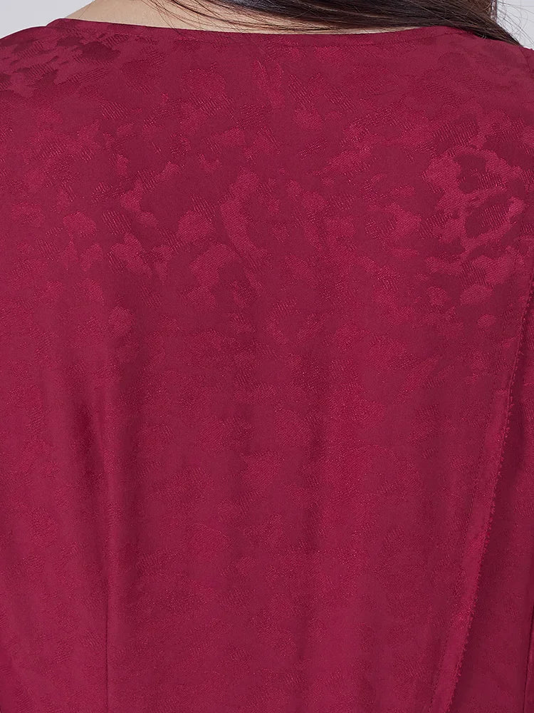 Upper back view of Dark Raspberry Jacquard Silk Dress with princess seam. From Borcelleclothes.