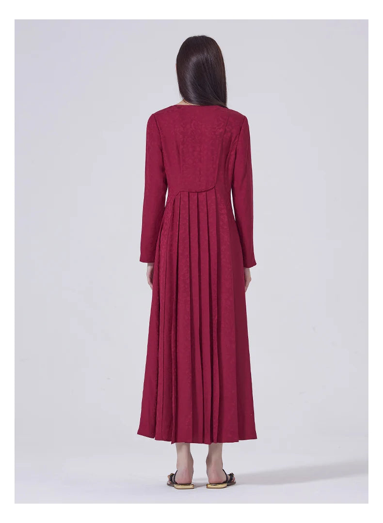 Full back view of Dark Raspberry Jacquard Silk Dress with lace overlay. From Borcelleclothes.