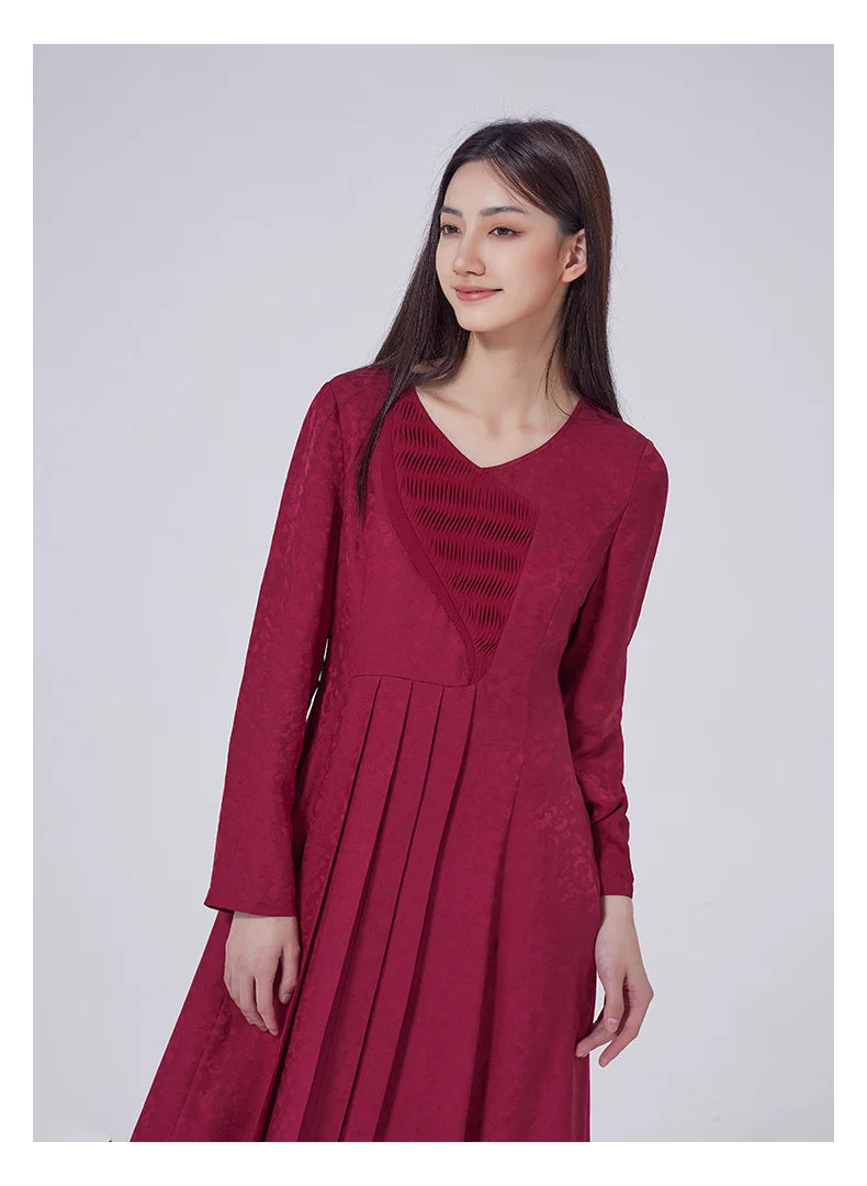 Model slightly bent to the side wearing Dark Raspberry Jacquard Silk Dress. From Borcelleclothes.
