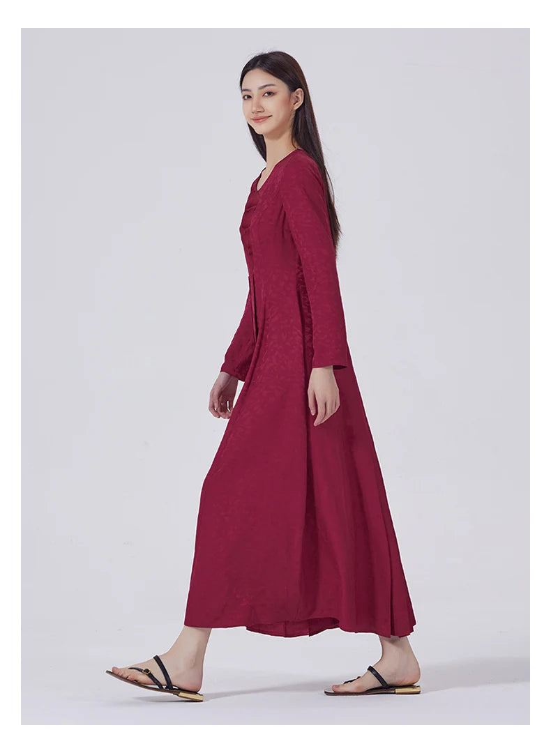 Full side profile of Dark Raspberry Jacquard Silk Dress. From Borcelleclothes.
