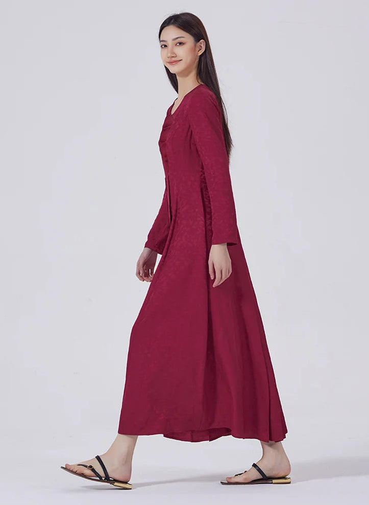 Full side profile of Dark Raspberry Jacquard Silk Dress. From Borcelleclothes.
