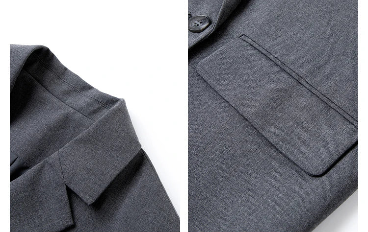 Collage highlighting collar and flap pocket design of women’s Davy Grey double-breasted blazer. From Borcelleclothes.