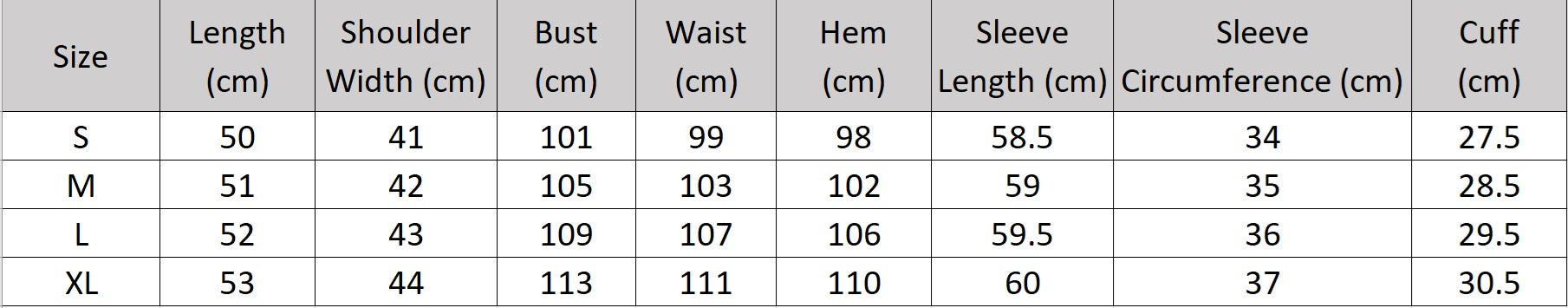 Women's size chart for a Davy Grey double-breasted blazer with shortened silhouette, notch lapels, and flap pockets. From Borcelleclothes.