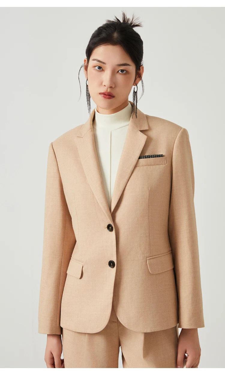 Full front view of Desert Sand blazer with model standing straight, arms at sides. From Borcelleclothes.