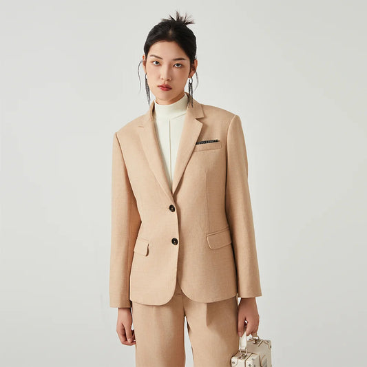 Women’s Desert Sand blazer with single-breasted cut, notch lapels, and rhinestone fringe trim detail. From Borcelleclothes.