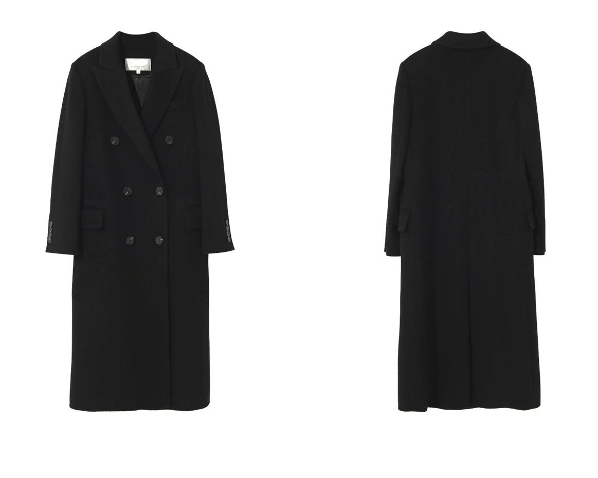 Front and back views of the Onyx double-breasted cashmere wool coat. From Borcelleclothes.